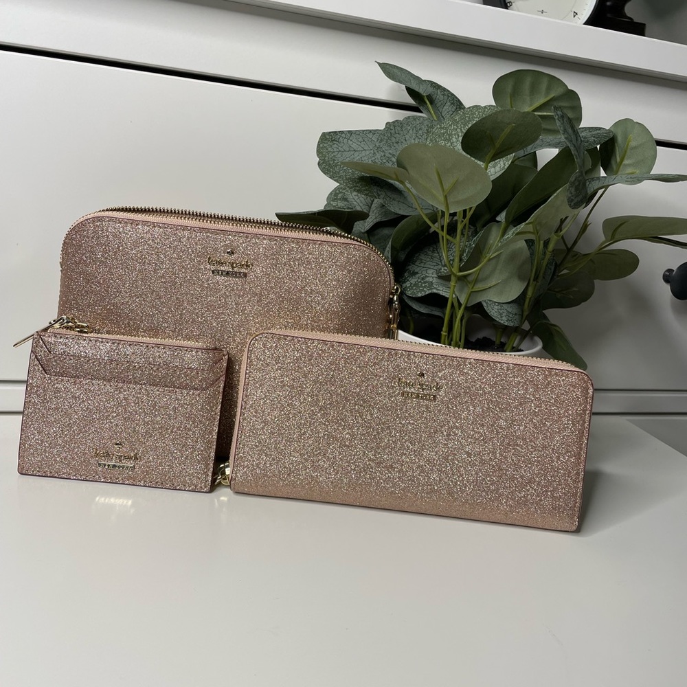 Kate Spade Gold Glitter Continental Wallet, Cosmetic Case & Coin Purse Set
